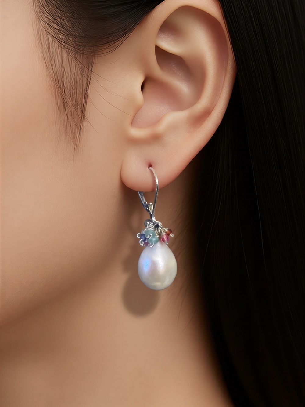 Freshwater Pearl Drop Earrings with Sapphire and RubyMulticolor Gem Accents